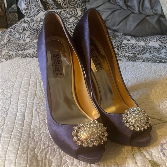 Badgley Mischka Shoes - Badgley Mischka Purple Satin Heels with Crystal Embellishment